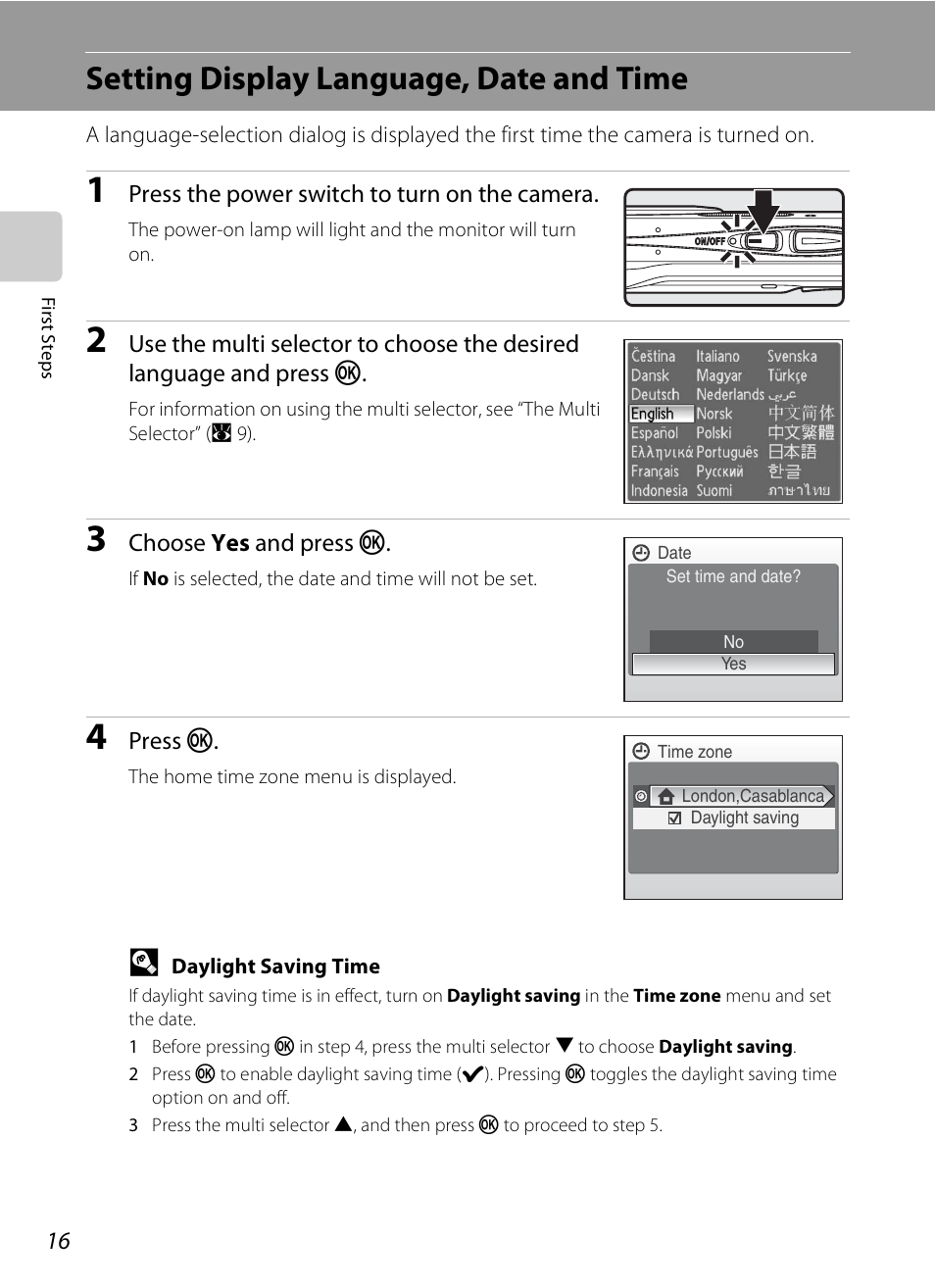 Setting display language, date and time | Nikon CoolPix S202 User Manual | Page 28 / 144