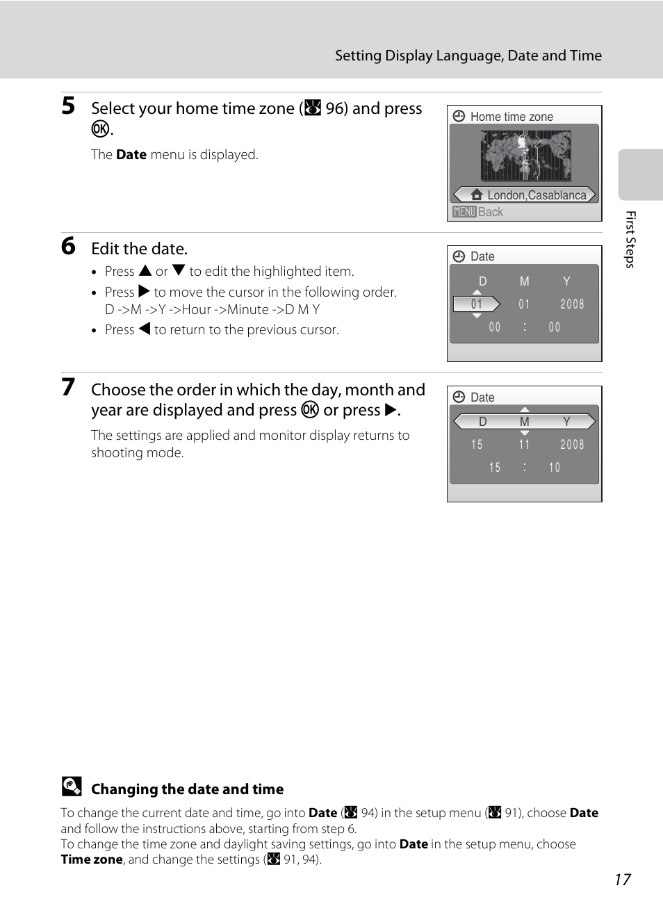 Select your home time zone ( a 96 ) and press k, Edit the date | Nikon CoolPix S202 User Manual | Page 29 / 144