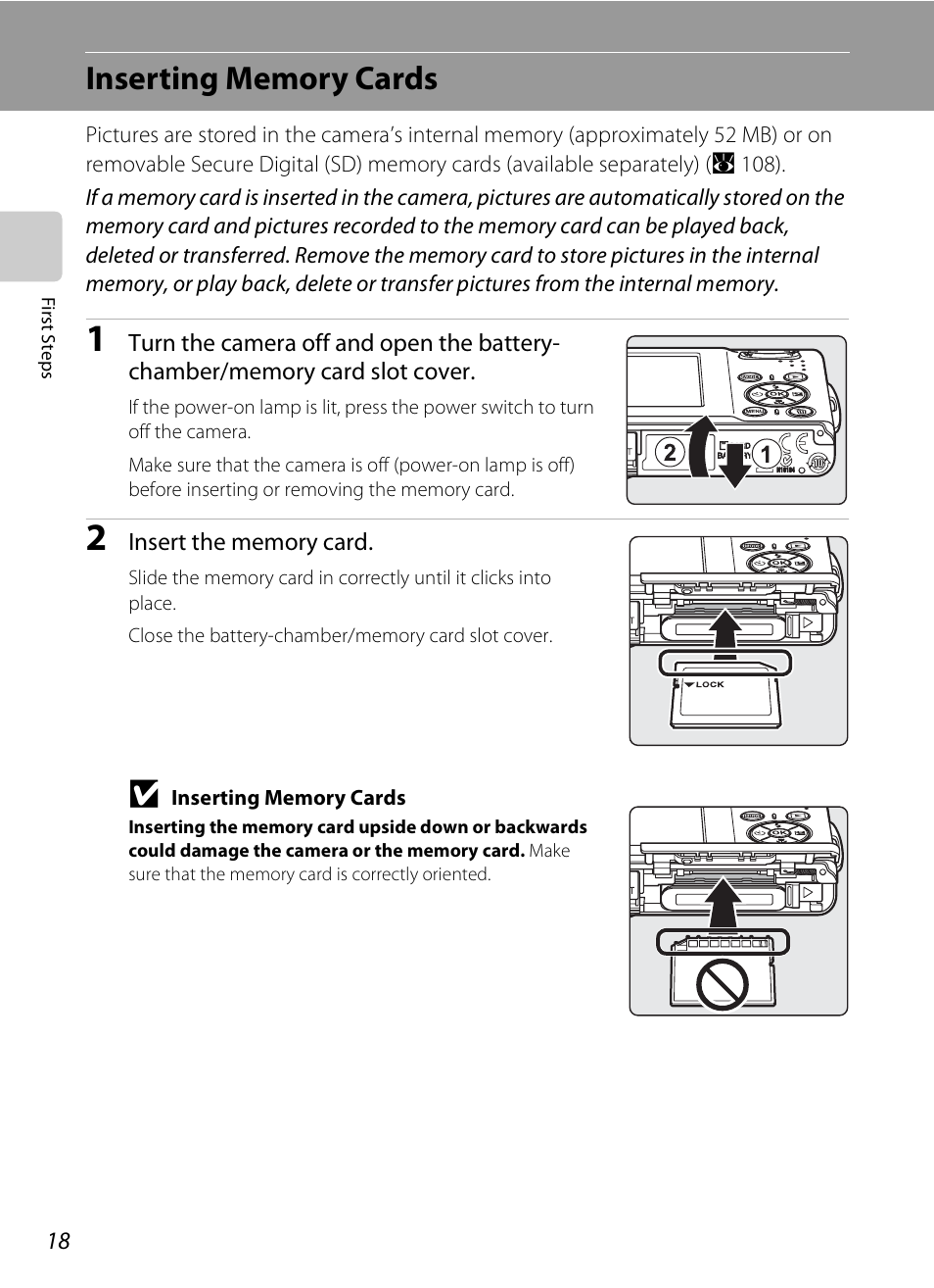 Inserting memory cards | Nikon CoolPix S202 User Manual | Page 30 / 144