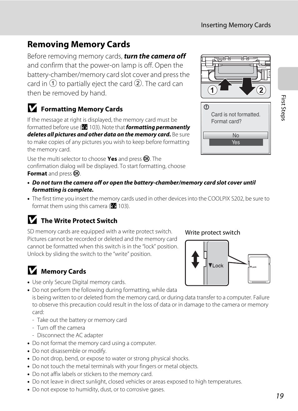 Removing memory cards | Nikon CoolPix S202 User Manual | Page 31 / 144