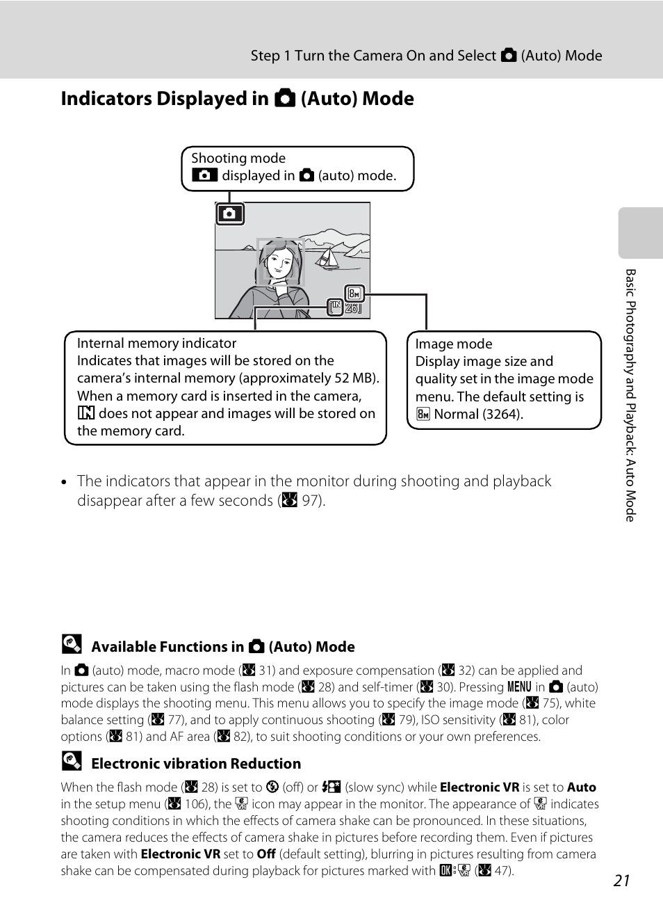 Indicators displayed in auto mode, Indicators displayed in a (auto) mode | Nikon CoolPix S202 User Manual | Page 33 / 144