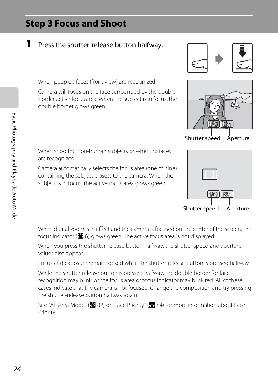 Step 3 focus and shoot, Press the shutter-release button halfway | Nikon CoolPix S202 User Manual | Page 36 / 144