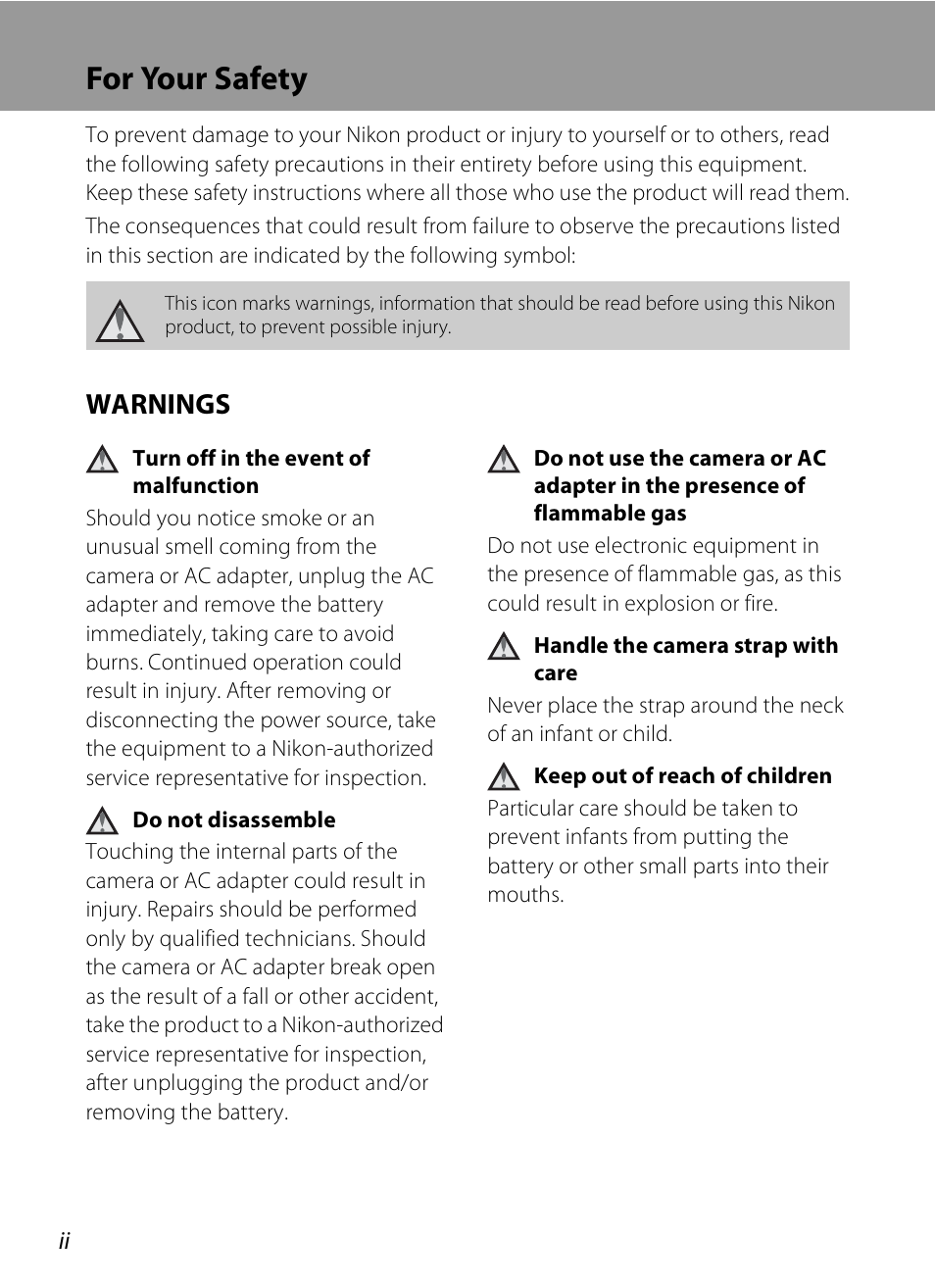 For your safety, Warnings | Nikon CoolPix S202 User Manual | Page 4 / 144
