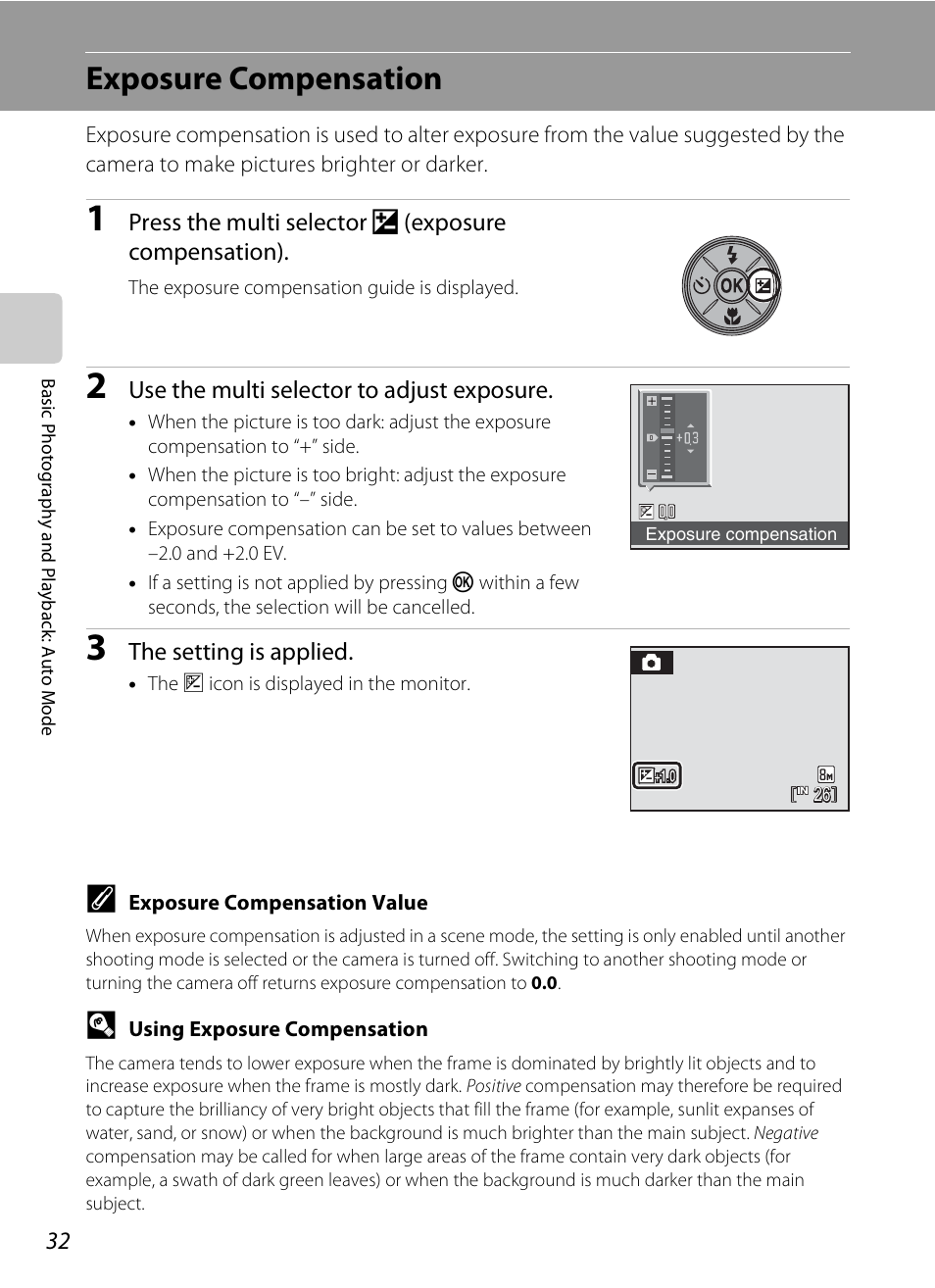 Exposure compensation, A 32) men, A 32) | Nikon CoolPix S202 User Manual | Page 44 / 144