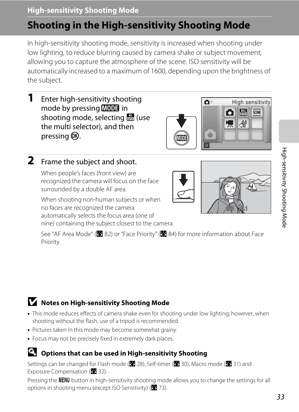 High-sensitivity shooting mode, Shooting in the high-sensitivity shooting mode, B high-sensitivity shooting mode | A 33) | Nikon CoolPix S202 User Manual | Page 45 / 144