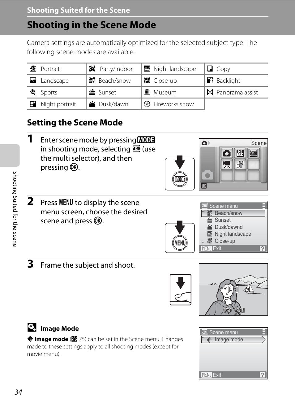 Shooting suited for the scene, Shooting in the scene mode, Setting the scene mode | C shooting suited for the scene, A 34) | Nikon CoolPix S202 User Manual | Page 46 / 144