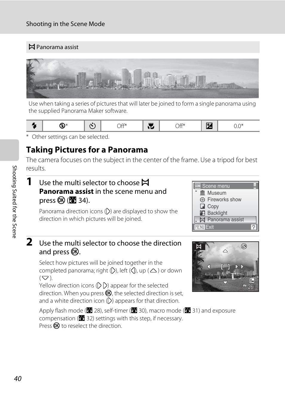 Taking pictures for a panorama, A 34 ) | Nikon CoolPix S202 User Manual | Page 52 / 144