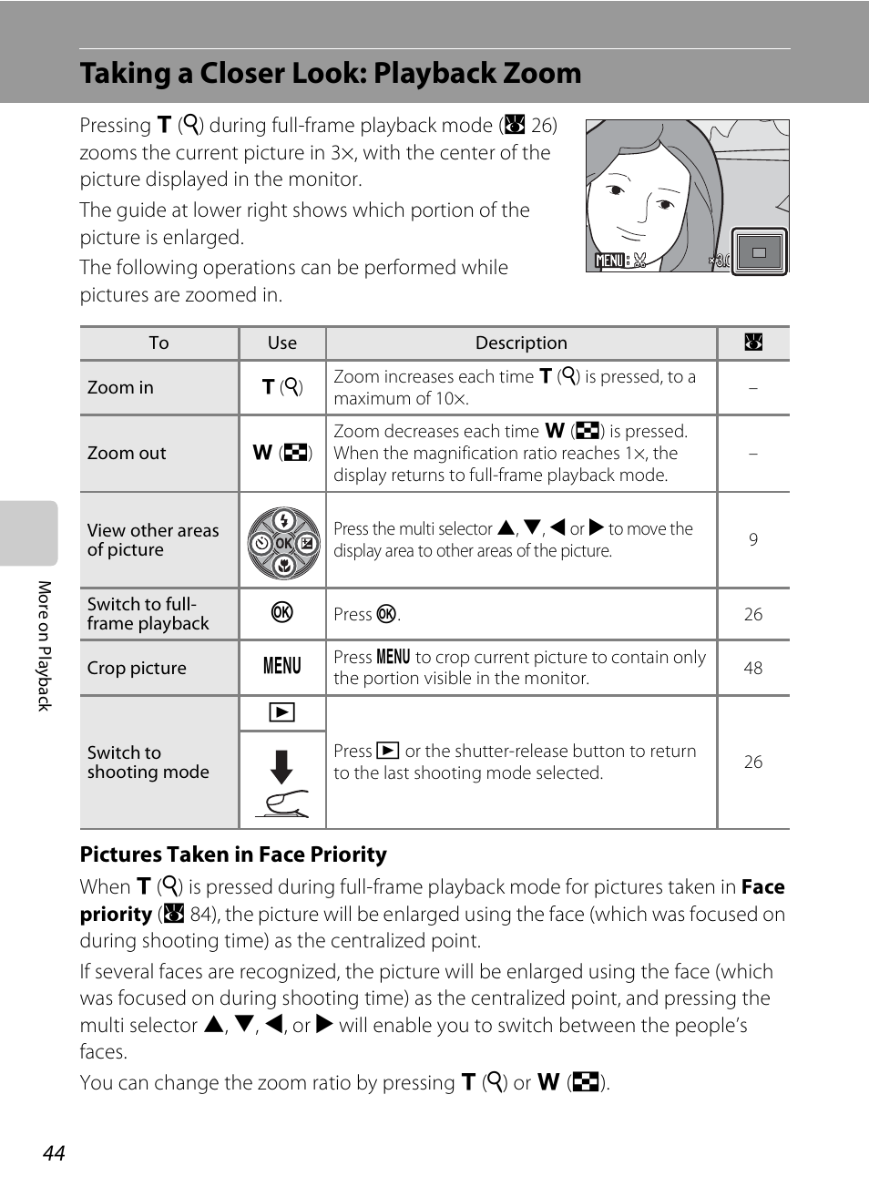 Taking a closer look: playback zoom, Pictures taken in face priority | Nikon CoolPix S202 User Manual | Page 56 / 144