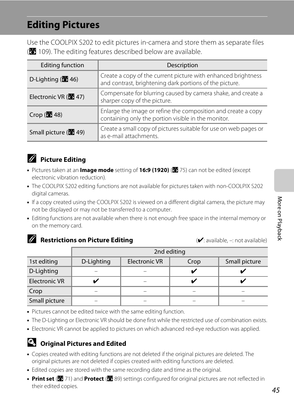 Editing pictures | Nikon CoolPix S202 User Manual | Page 57 / 144