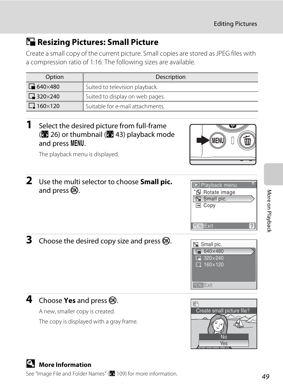 Resizing pictures: small picture, G resizing pictures: small picture, A 49) | Nikon CoolPix S202 User Manual | Page 61 / 144