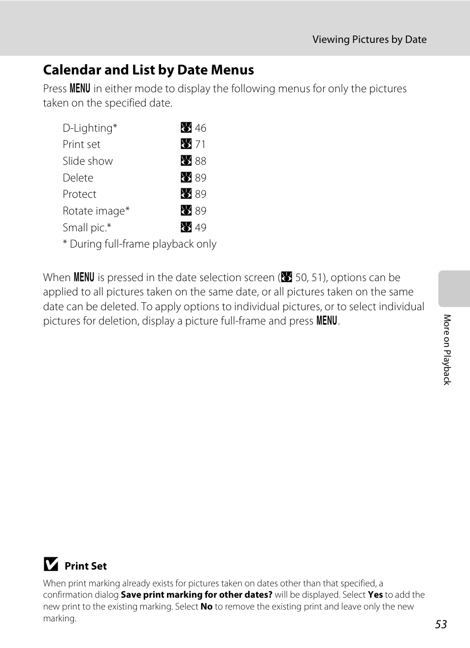 Calendar and list by date menus | Nikon CoolPix S202 User Manual | Page 65 / 144