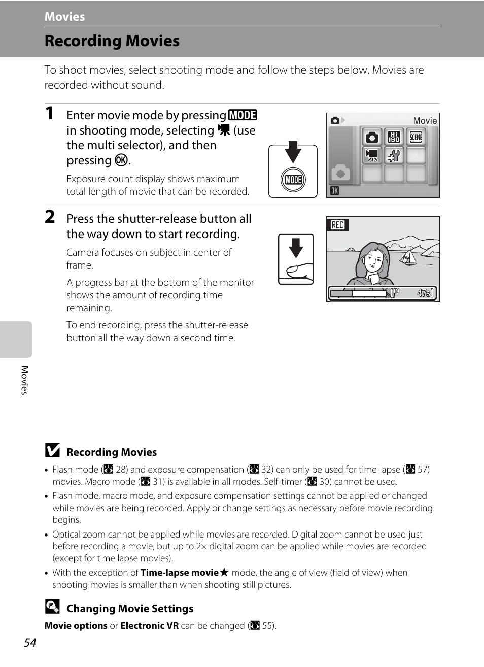 Movies, Recording movies, D movies | A 54) | Nikon CoolPix S202 User Manual | Page 66 / 144