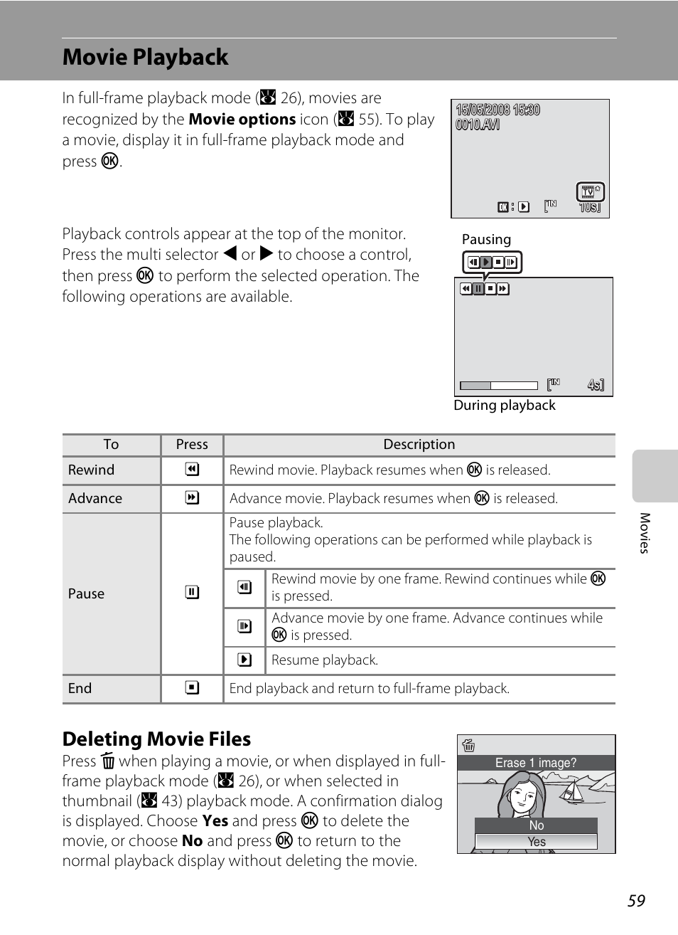 Movie playback, Deleting movie files | Nikon CoolPix S202 User Manual | Page 71 / 144