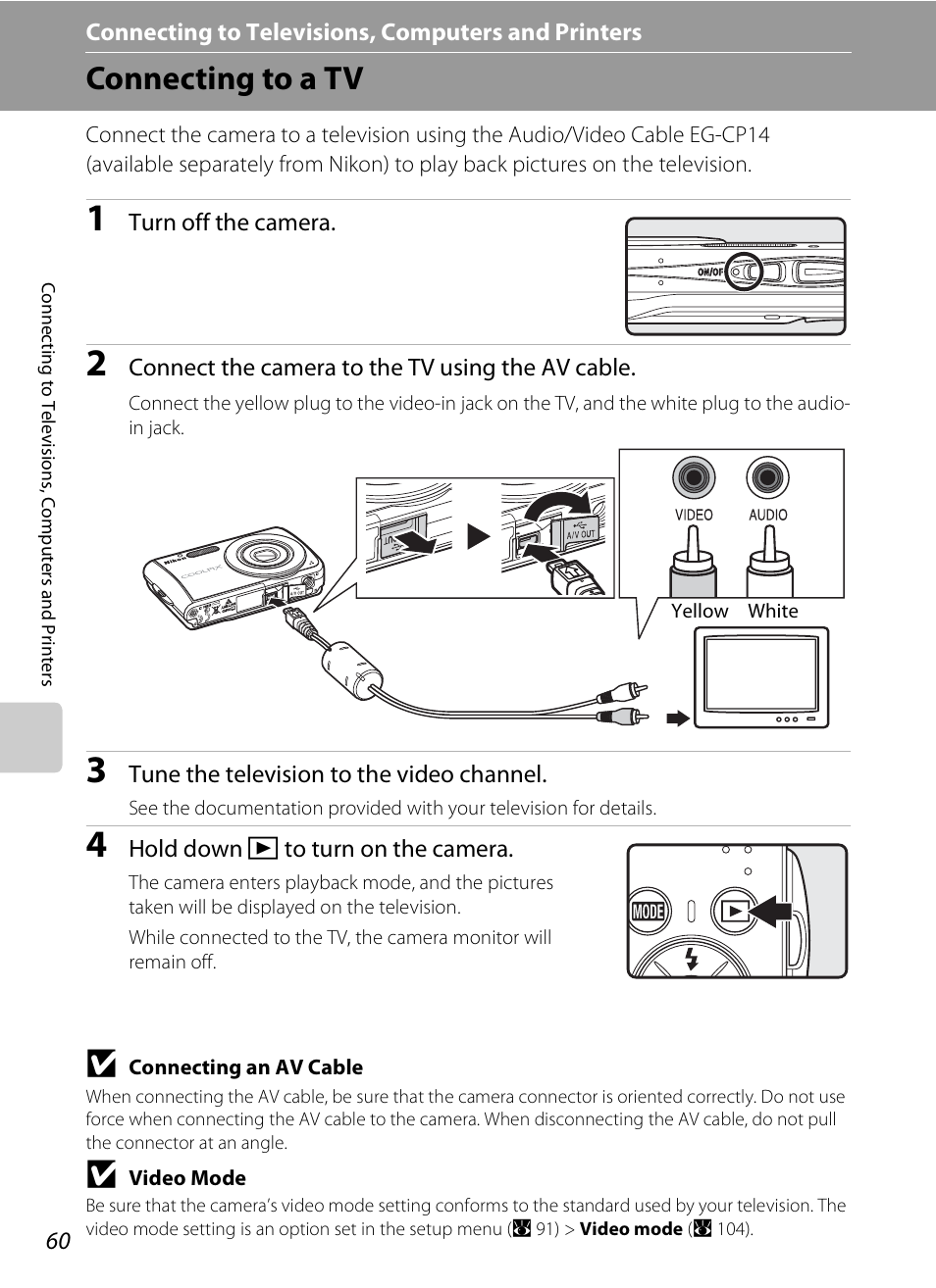 Connecting to televisions, computers and printers, Connecting to a tv | Nikon CoolPix S202 User Manual | Page 72 / 144