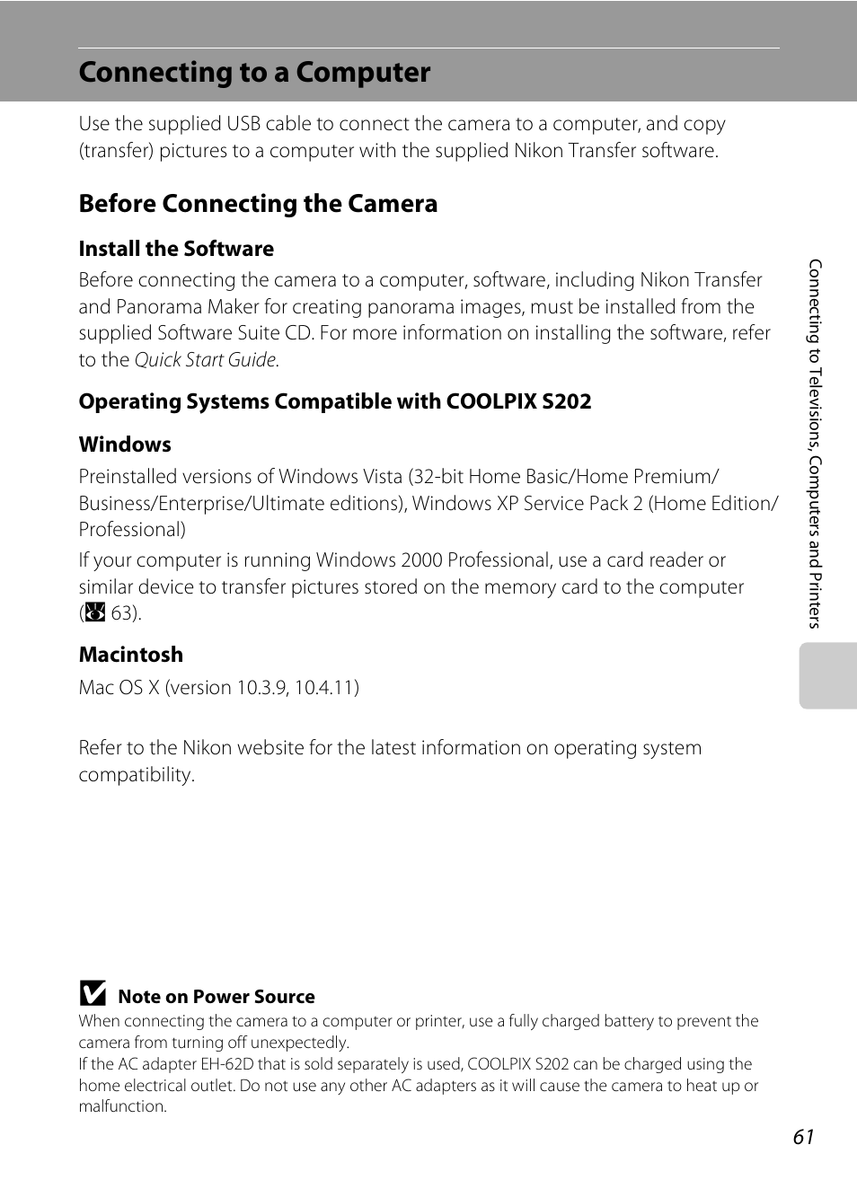 Connecting to a computer, Before connecting the camera, A 61) | Nikon CoolPix S202 User Manual | Page 73 / 144