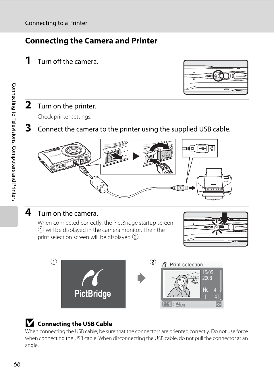 Connecting the camera and printer, A 66) | Nikon CoolPix S202 User Manual | Page 78 / 144