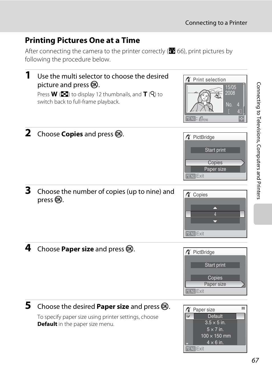 Printing pictures one at a time, A 67) | Nikon CoolPix S202 User Manual | Page 79 / 144