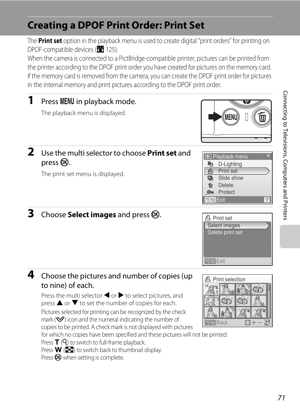 Creating a dpof print order: print set, A 71) a, A 71) an | A 71, A 71) | Nikon CoolPix S202 User Manual | Page 83 / 144