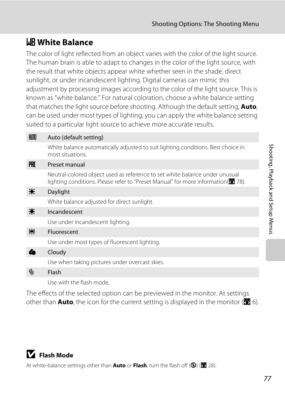 White balance, B white balance, A 77) | A 77 | Nikon CoolPix S202 User Manual | Page 89 / 144