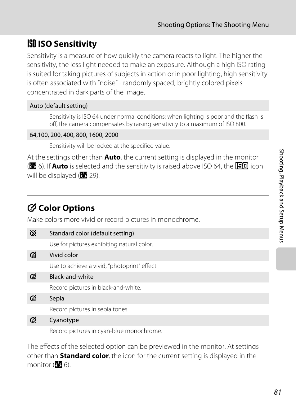 Iso sensitivity, Color options, E iso sensitivity f color options | A 81), A 81, E iso sensitivity, F color options | Nikon CoolPix S202 User Manual | Page 93 / 144