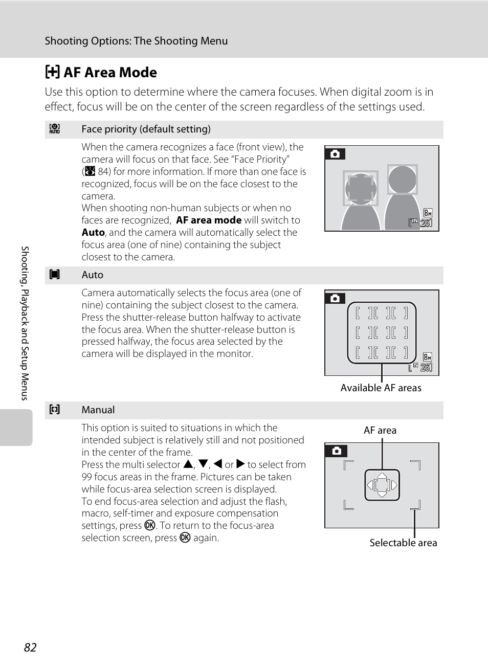 Af area mode, G af area mode, A 82) | A 82 | Nikon CoolPix S202 User Manual | Page 94 / 144