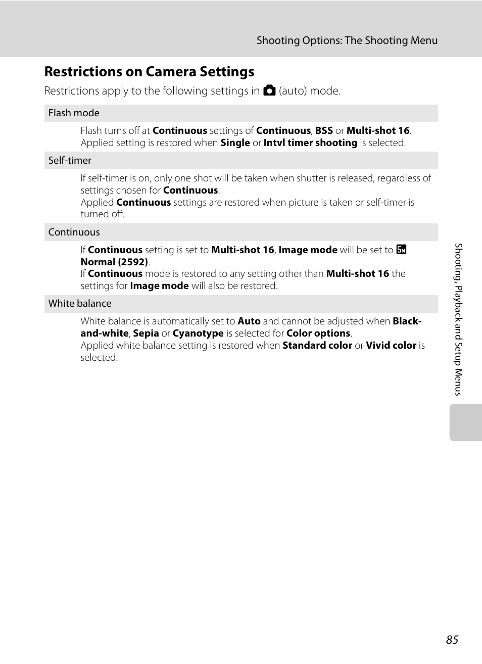 Restrictions on camera settings, A 85) | Nikon CoolPix S202 User Manual | Page 97 / 144