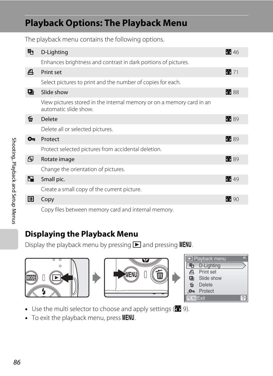 Playback options: the playback menu, Displaying the playback menu | Nikon CoolPix S202 User Manual | Page 98 / 144