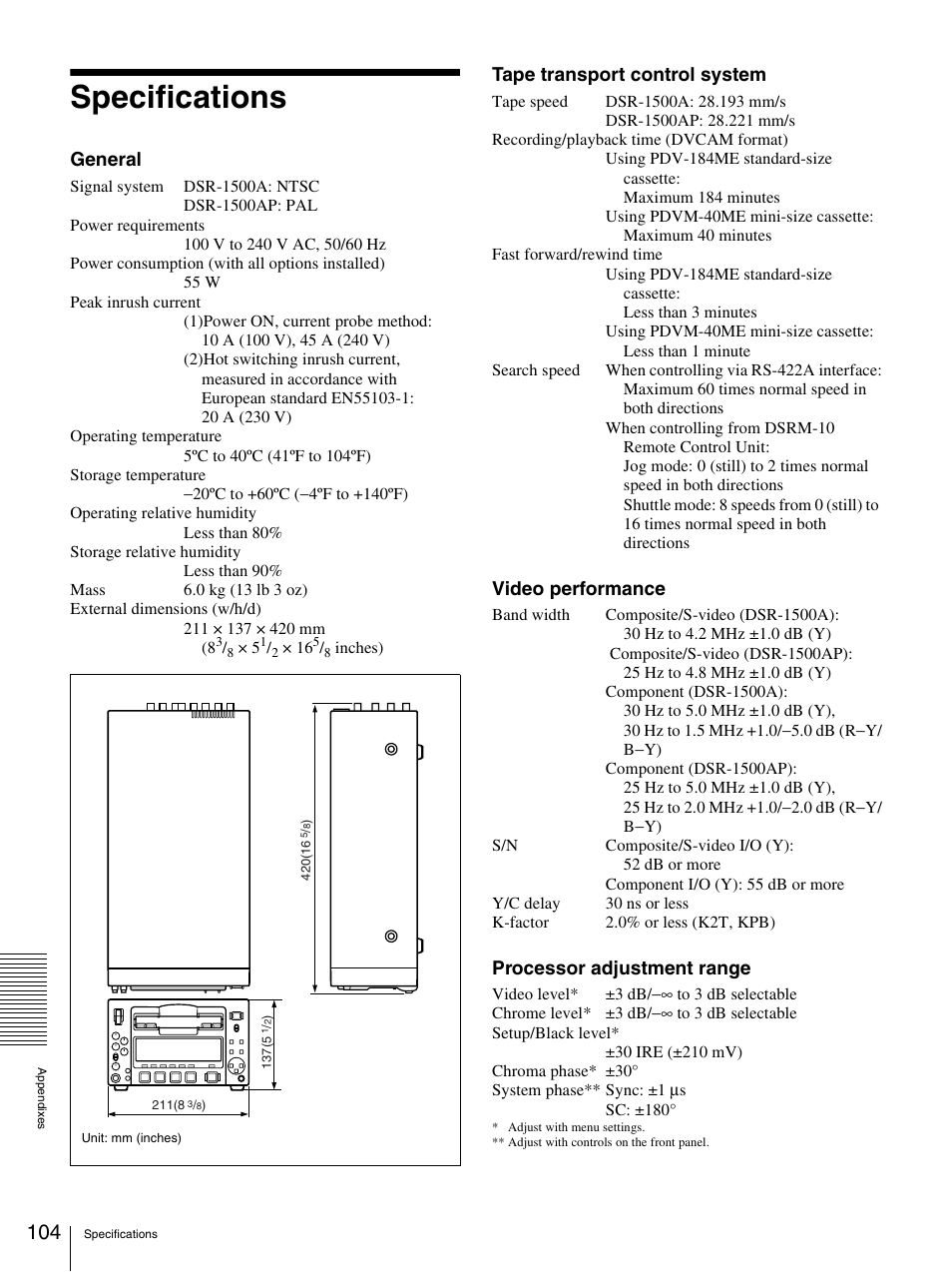 Specifications, General, Tape transport control system | Video performance, Processor adjustment range | Nikon DSR-1500AP User Manual | Page 104 / 112