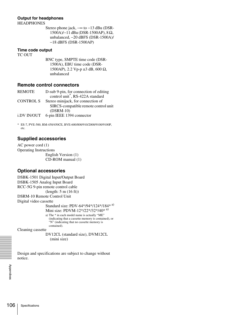 Remote control connectors, Supplied accessories, Optional accessories | Nikon DSR-1500AP User Manual | Page 106 / 112