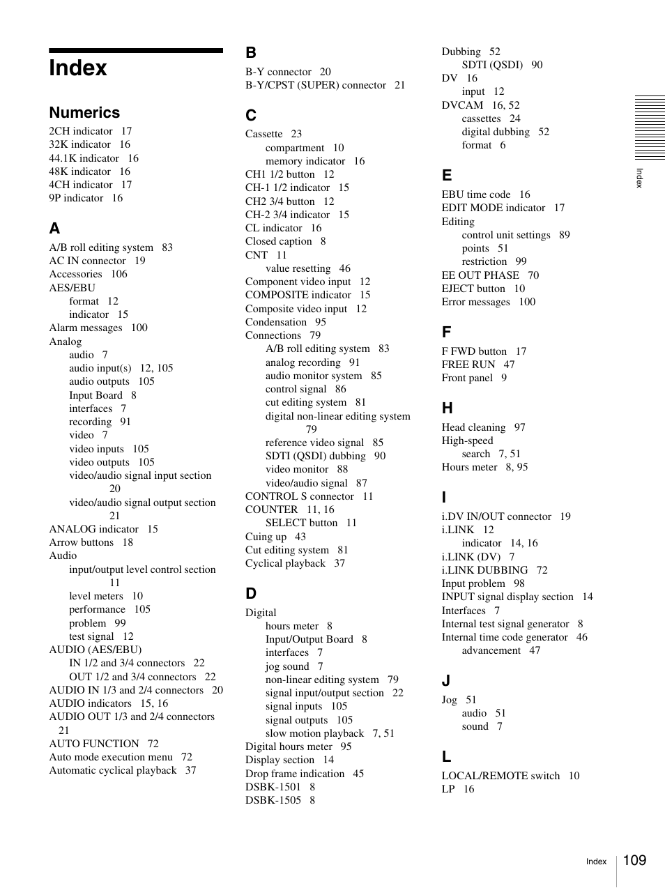 Index, Numerics | Nikon DSR-1500AP User Manual | Page 109 / 112