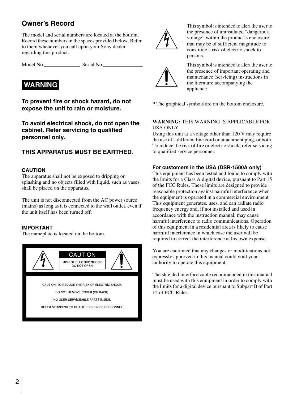 Owner’s record, Warning | Nikon DSR-1500AP User Manual | Page 2 / 112