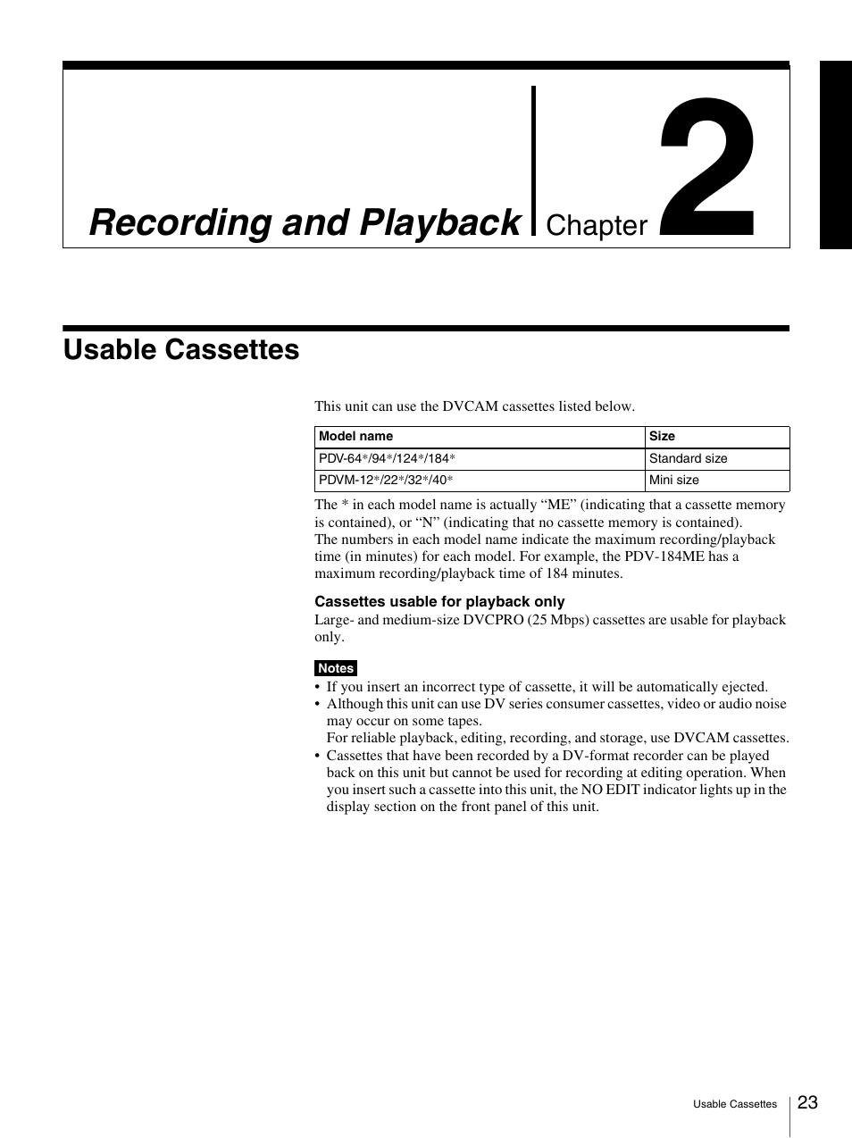 Chapter 2 recording and playback, Usable cassettes, Recording and playback | Nikon DSR-1500AP User Manual | Page 23 / 112