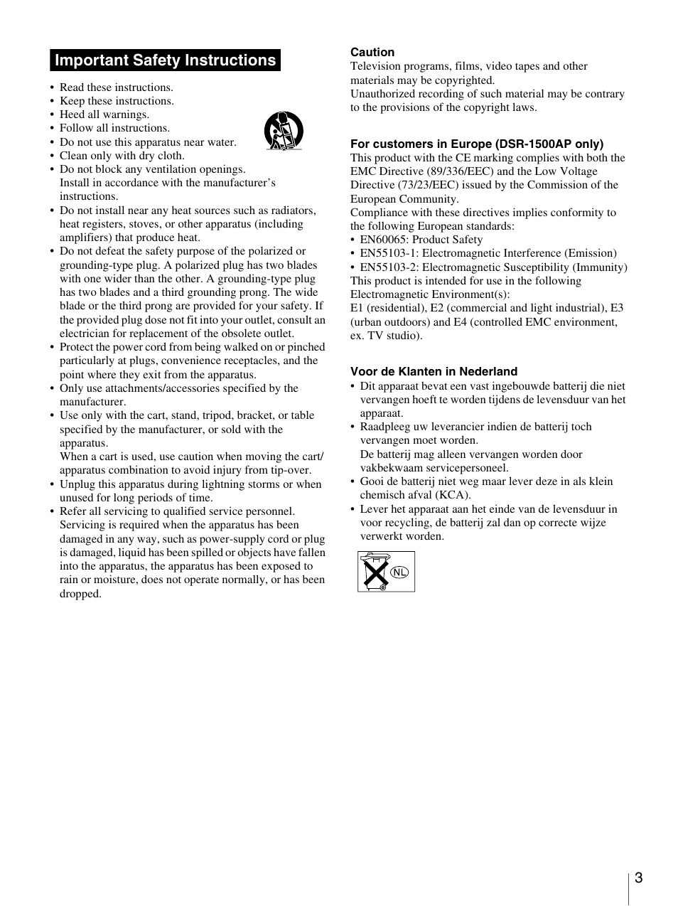 Important safety instructions | Nikon DSR-1500AP User Manual | Page 3 / 112