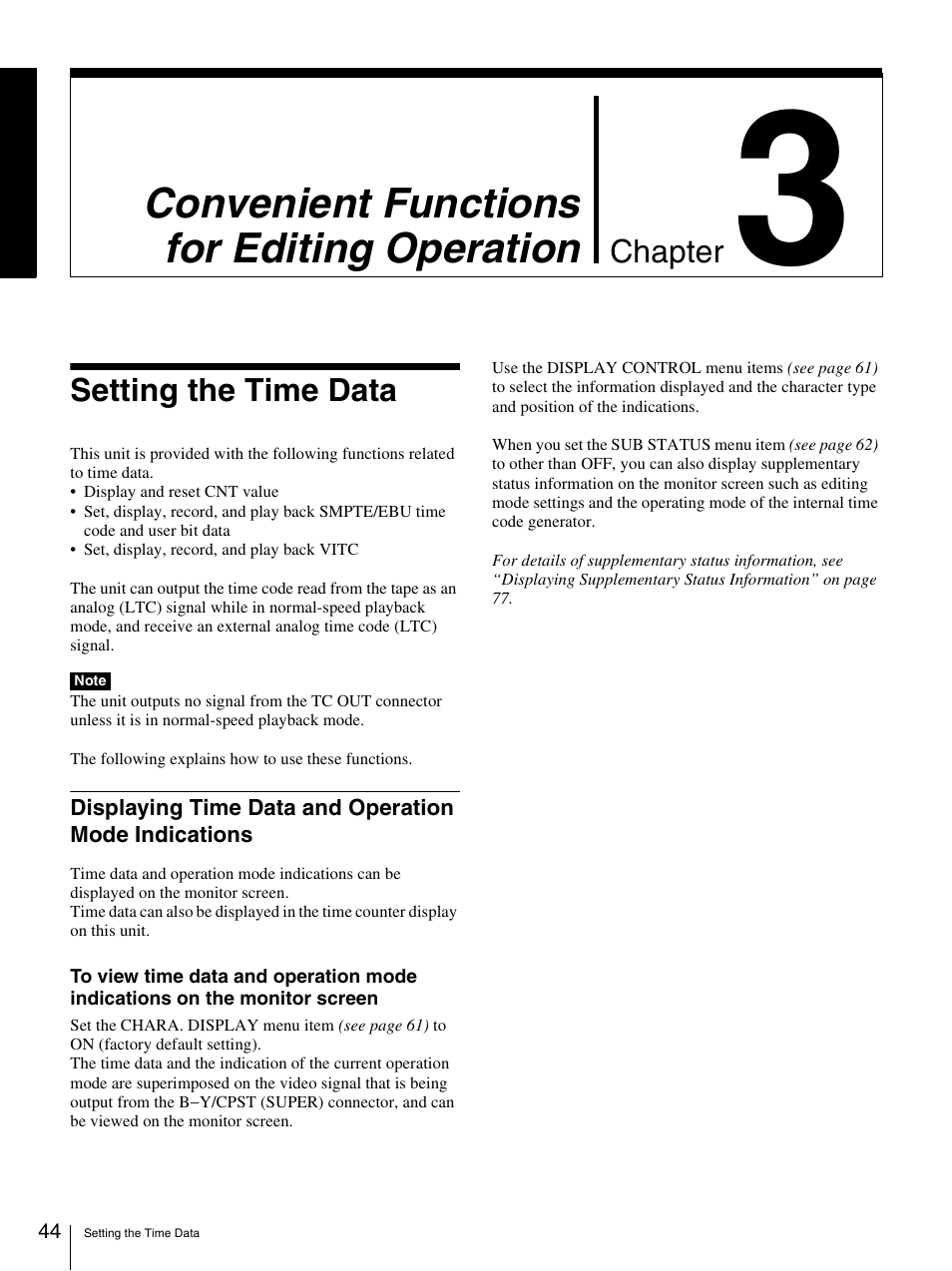 Setting the time data, Convenient functions for editing operation | Nikon DSR-1500AP User Manual | Page 44 / 112