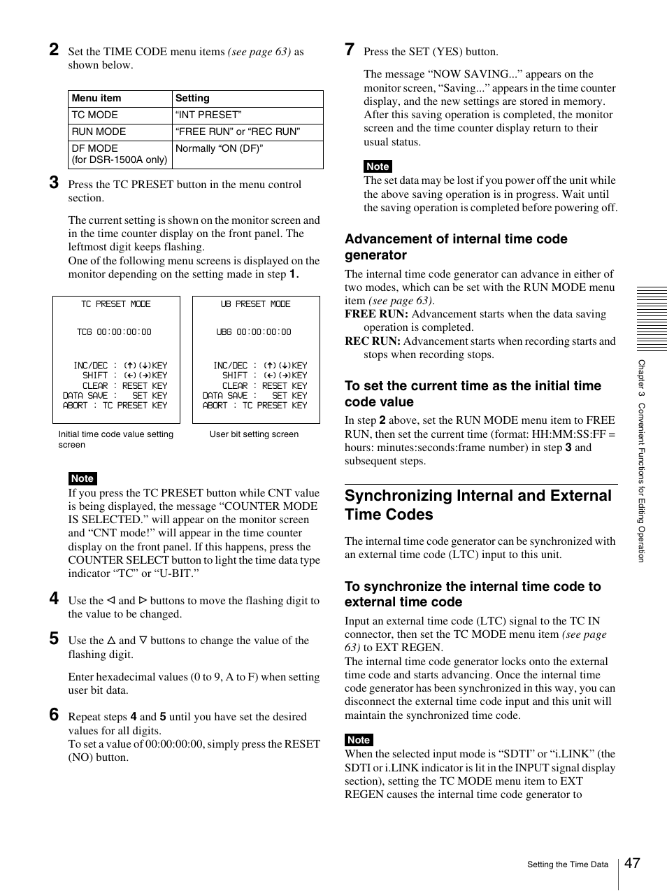 Synchronizing internal and external time codes, Advancement of internal time code generator | Nikon DSR-1500AP User Manual | Page 47 / 112