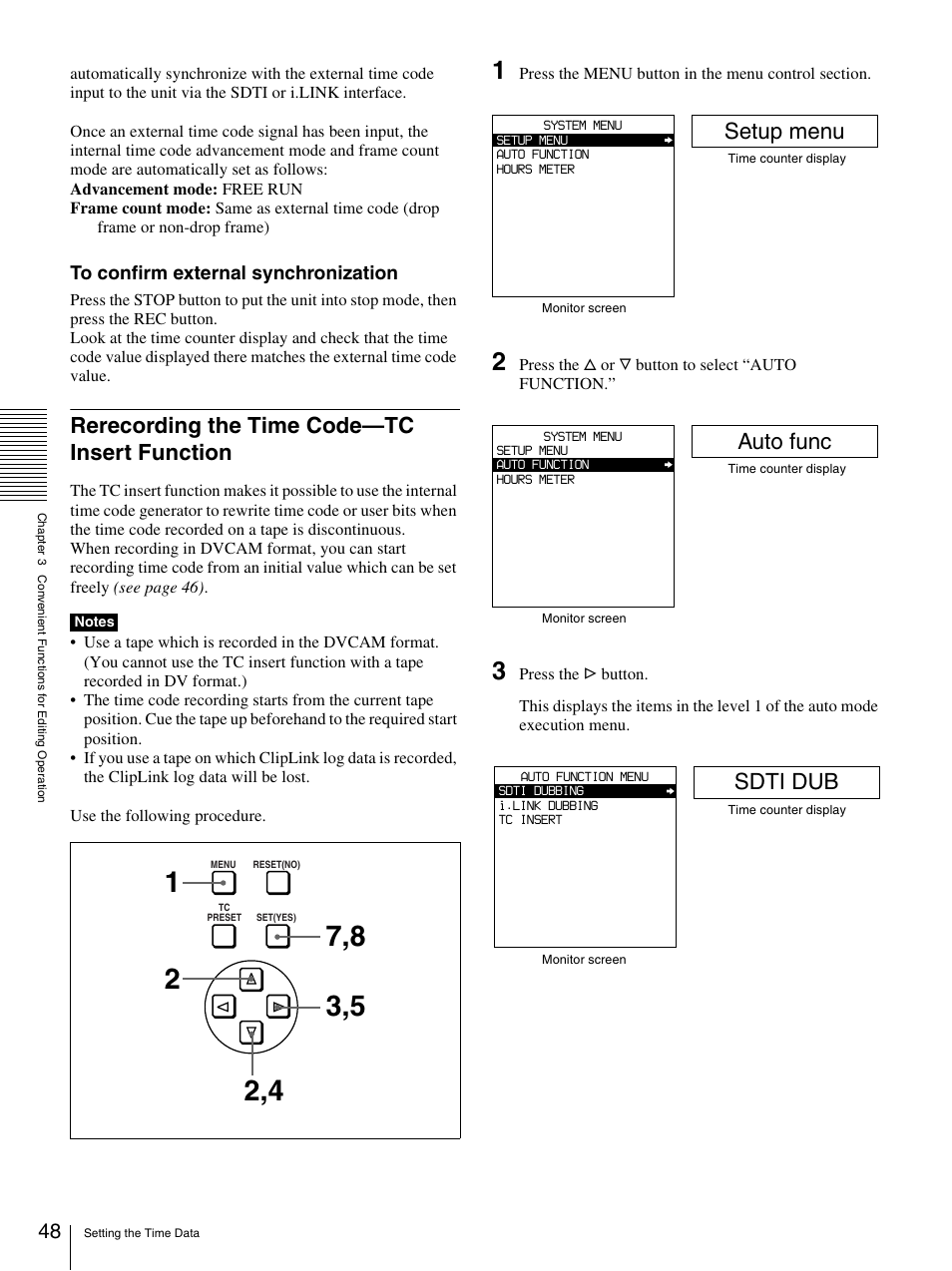 Rerecording the time code—tc insert function, Setup menu, Auto func | Sdti dub | Nikon DSR-1500AP User Manual | Page 48 / 112
