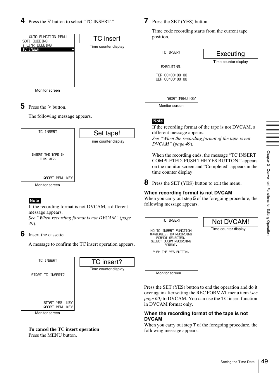 Tc insert, Set tape, Executing | Not dvcam | Nikon DSR-1500AP User Manual | Page 49 / 112