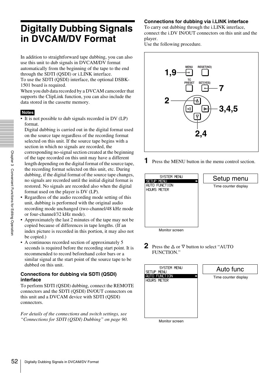 Digitally dubbing signals in dvcam/dv format, Setup menu, Auto func | Nikon DSR-1500AP User Manual | Page 52 / 112