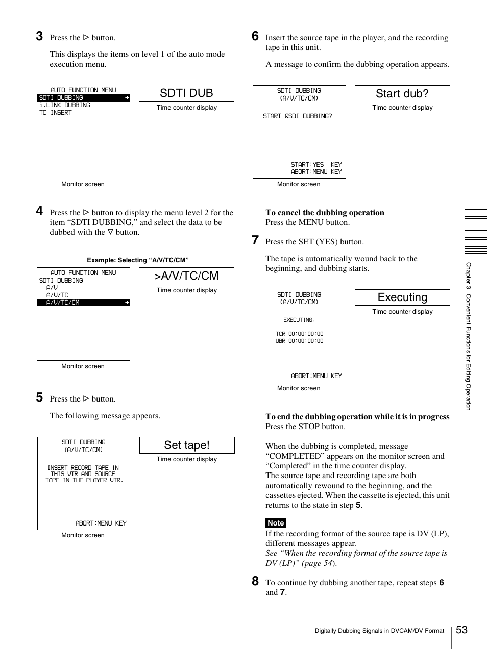 Sdti dub, A/v/tc/cm, Set tape | Start dub, Executing | Nikon DSR-1500AP User Manual | Page 53 / 112