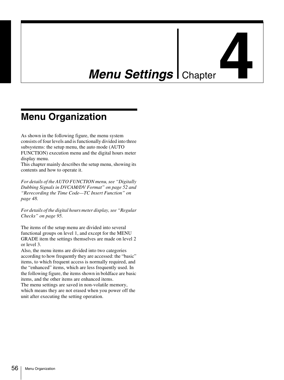 Chapter 4 menu settings, Menu organization, R 4 “menu settings | Nikon DSR-1500AP User Manual | Page 56 / 112