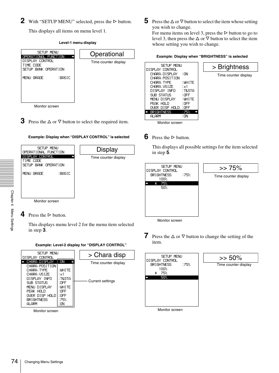 Operational, Display, Chara disp | Brightness | Nikon DSR-1500AP User Manual | Page 74 / 112