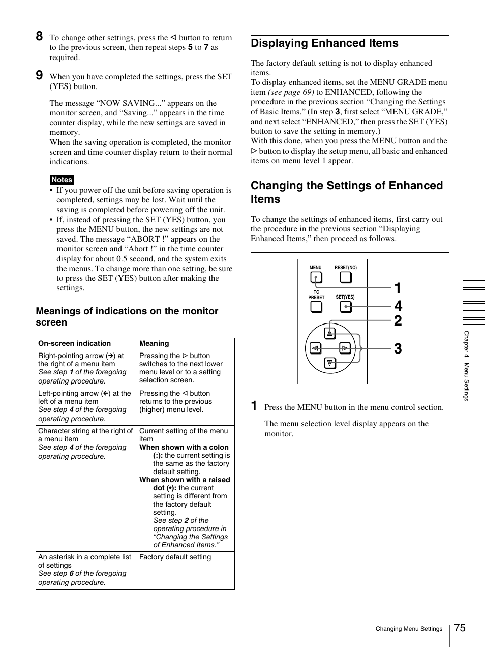 Displaying enhanced items, Changing the settings of enhanced items, Meanings of indications on the monitor screen | Nikon DSR-1500AP User Manual | Page 75 / 112
