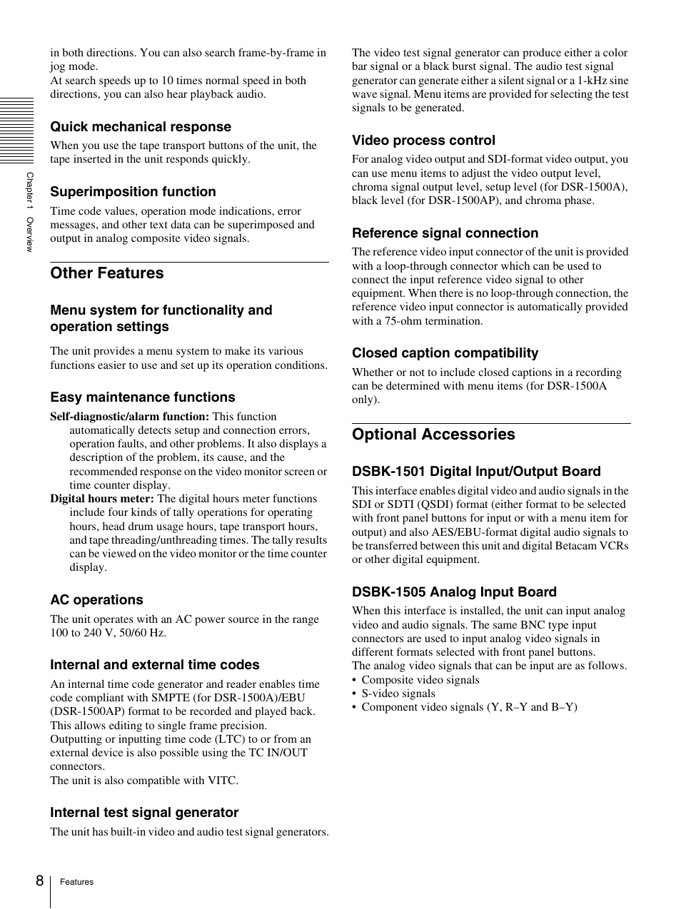 Other features, Optional accessories, Other features optional accessories | Nikon DSR-1500AP User Manual | Page 8 / 112