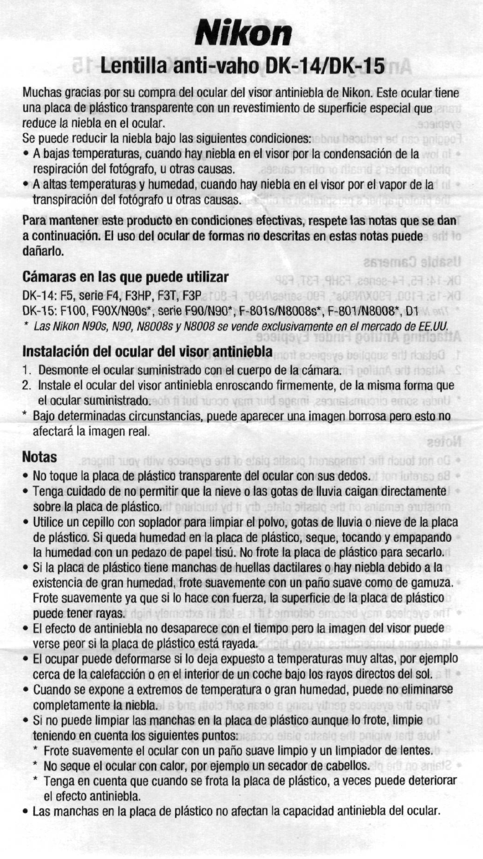 Lentilla anti-vaho dk-14/dk-15, Cámaras en las que puede utilizar, Instalación del ocular del visor antiniebla | Notas, Nikon | Nikon AC-2WE User Manual | Page 10 / 65