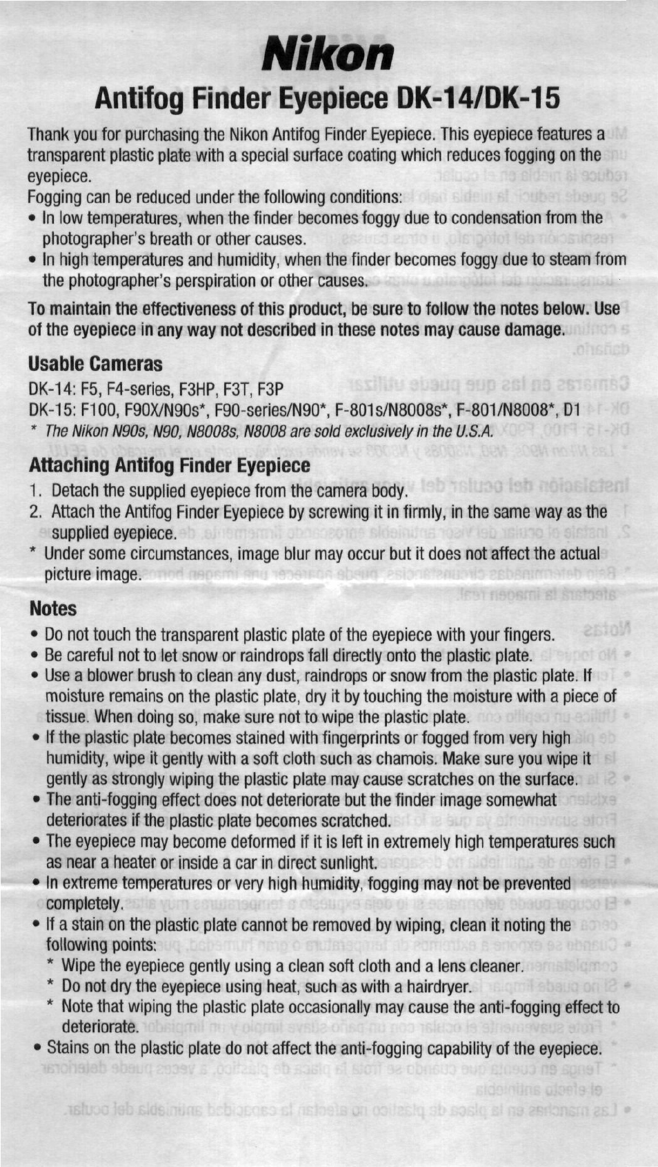 Antifog finder eyepiece dk-14/dk-15, Usable cameras, Attaching antilog finder eyepiece | Notes, Nikon | Nikon AC-2WE User Manual | Page 11 / 65