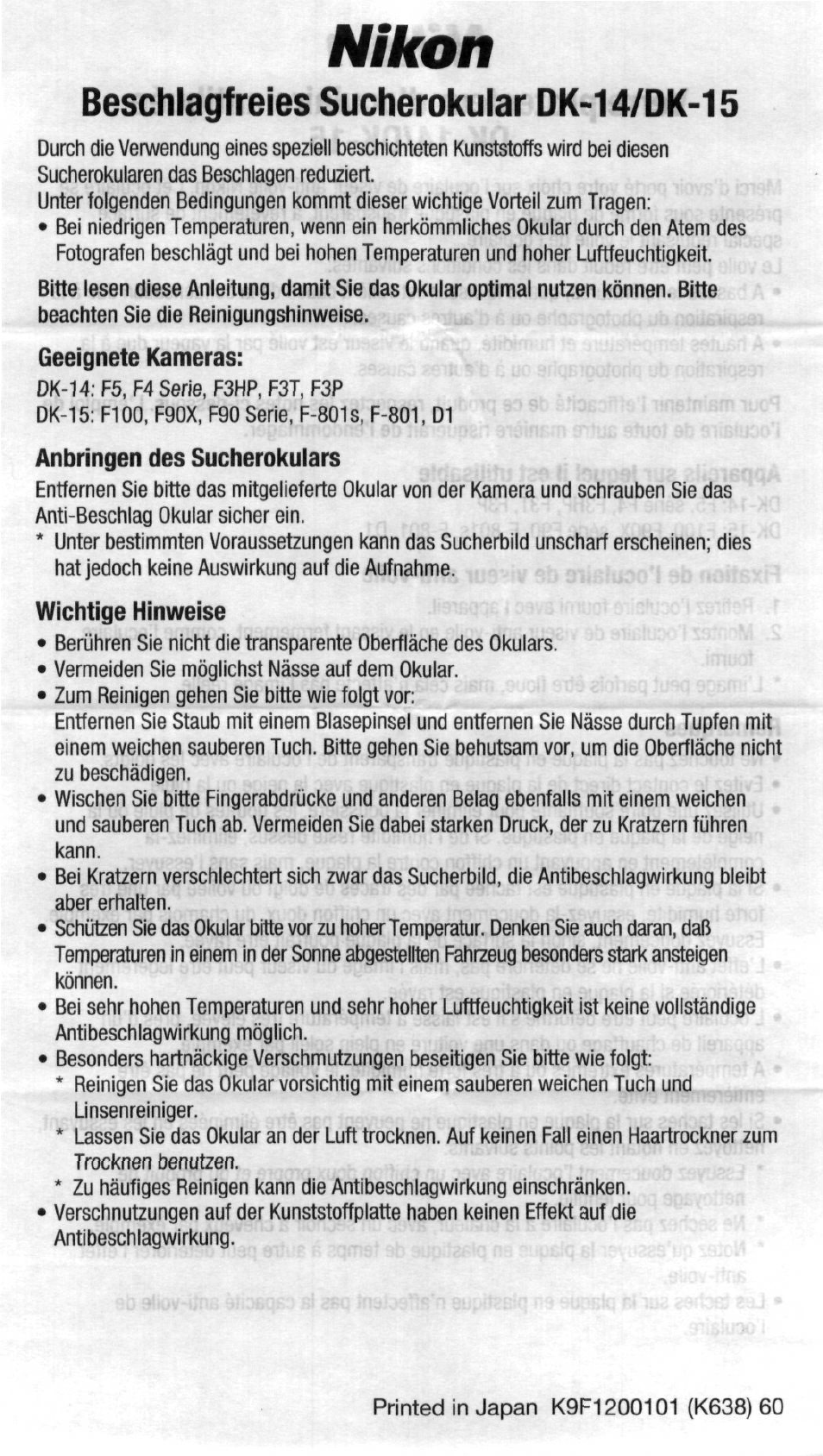 Beschlagfreies sucherokular dk-14/dk-15, Geeignete kameras, Anbringen des sucherokulars | Wichtige hinweise, Nikon | Nikon AC-2WE User Manual | Page 12 / 65