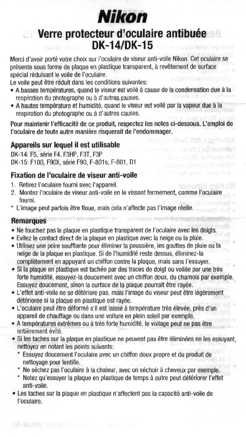 Verre protecteur d’oculaire antibuée dk-14/dk-15, Appareils sur lequel il est utilisable, Fixation de l’oculaire de viseur anti-voile | Remarques, Nikon | Nikon AC-2WE User Manual | Page 13 / 65