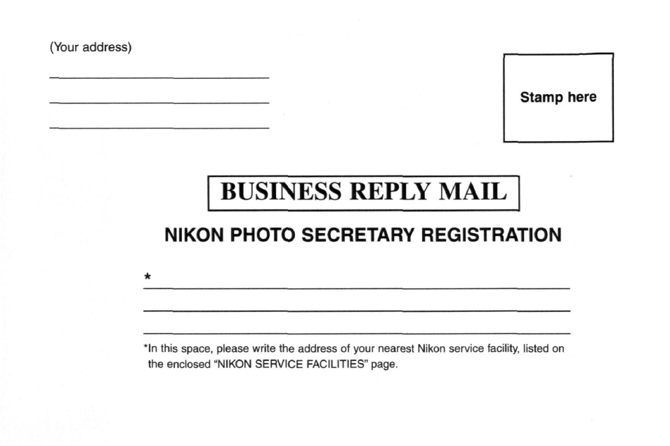 Business reply mail, Nikon photo secretary registration | Nikon AC-2WE User Manual | Page 14 / 65