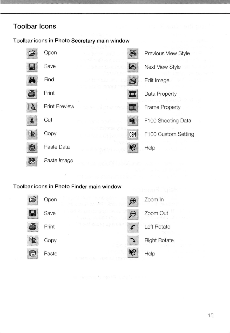 Toolbar icons, Toolbar icons in photo secretary main window, Toolbar icons in photo finder main window | Nikon AC-2WE User Manual | Page 28 / 65