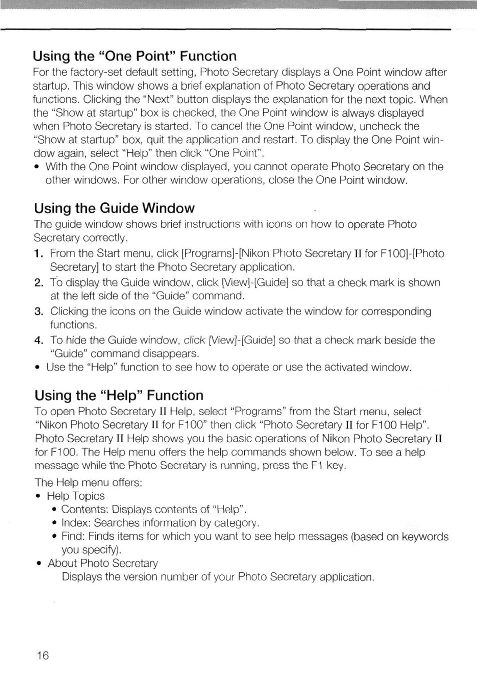 Using the “one point” function, Using the guide window, Using the “help” function | Nikon AC-2WE User Manual | Page 29 / 65